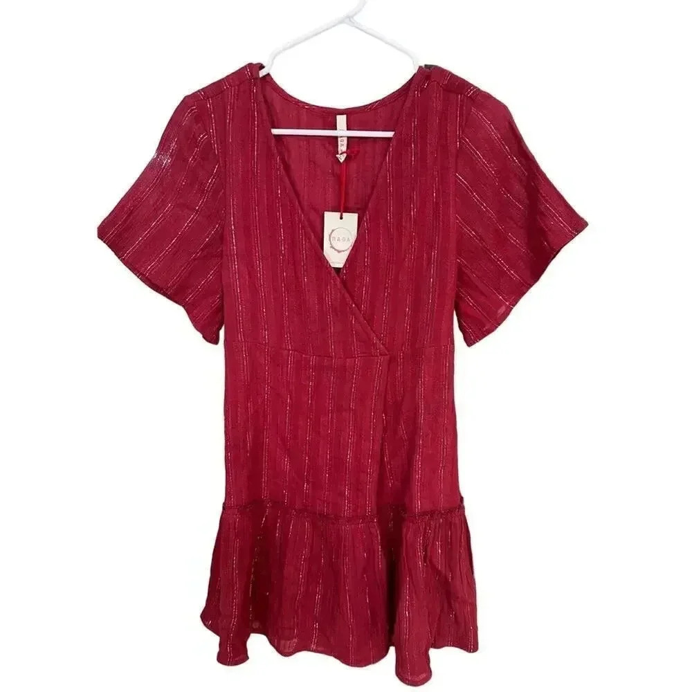 NEW- NWT RAGA Red Mini Wrap Dress with Silver Pinstripes Size Small